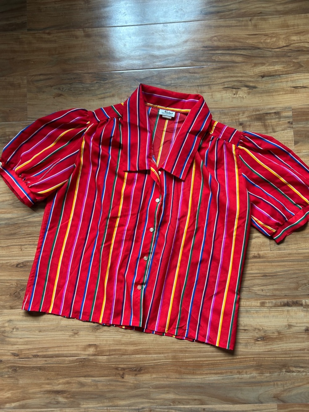 Vintage Retro Rainbow Striped Statement Blouse Puff Sleeve Button-Up Top Size Lg